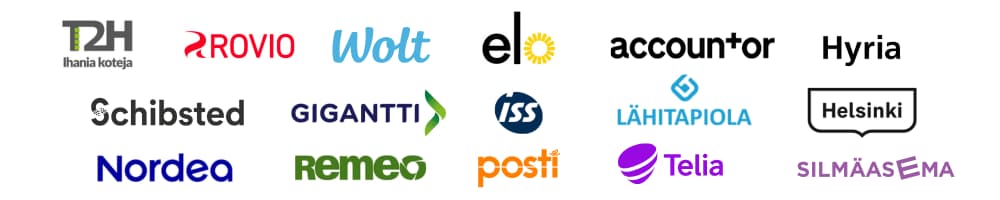 Asiakkaita: T2H, Rovio, Wolt, Elo, Accountor, Hyria, Schibsted, Gigantti, ISS, LähiTapiola, Helsinki, Nordea, Remeo, Posti, Telia, Silmäasema